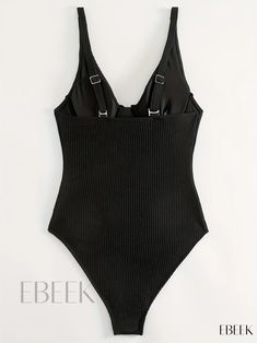 Ebeek - Stylish Black V Neck High Stretch Swimsuit - Rib Knit Solid Color, Flattering High Cut Straps, Perfect for Beachwear - One Piece Design, Exquisite Womens Swimwear & Clothing Black Seamless Bodysuit For Vacation, Ribbed Bodysuit For The Beach, One Piece Design, Swimwear Outfit, High Cut, Womens Swimwear, Rib Knit, Knitted Fabric, Solid Color