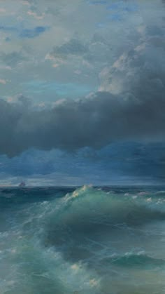 an oil painting of the ocean with storm clouds