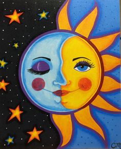 a painting of the sun and moon with stars