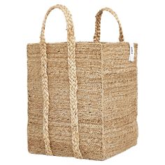 a jute bag with rope handles on the front and side, against a white background