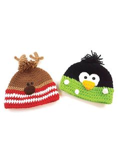 two knitted hats with animals on them, one is green and the other is brown