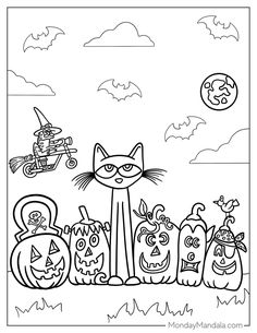 halloween coloring pages for kids with pumpkins and cats