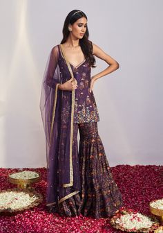 Editor's Note Purple Sharara Set Fabric: Dupion Silk, Net Color: Purple Care: Dry Clean Only   About the Designer Drishti & Zahabia is all about contemporary styles and clean cuts with ... Purple Sharara, Sharara Design, Printed Sharara, Kurta Sharara Set, Kurta Sharara, Dress Indian, Dupion Silk, Indian Dress, Sharara Set