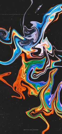 an abstract painting with multicolored lines and swirls on a black background that appears to be painted in acrylic paint