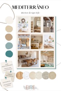 the interior design style guide for midterraneo, featuring neutrals and blues