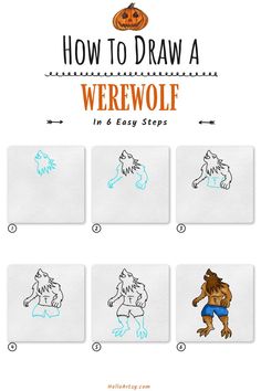 Step by step images demonstrating how to draw an easy werewolf drawing - A Drawing Lesson for Kids! Werewolf Monster, Easy Halloween Drawings, Cute Halloween Drawings, Werewolf Drawing, Fall Art Projects, Monster Drawing, Drawing Lesson, Halloween Drawings, Step Drawing