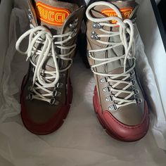 Worn Three Times Excellent Condition Gucci Trek Boots. Designer Leather Sneakers For Fall, Designer Brown Boots With Rubber Sole, Designer Leather Low-top Boots, Gucci Brown Boots For Fall, Designer Low-top Boots With Leather Sole, Gucci Calf Leather Boots, Brown Gucci Designer Sneakers, Designer Brown Gucci Sneakers, Gucci Designer Leather Boots