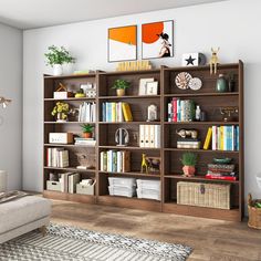 a living room filled with lots of furniture and bookshelves on top of wooden shelves