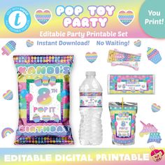 the birthday party package includes water bottle, candy bag and other items to make it look like