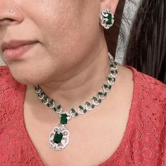 Emerald Green Nita Ambani Silver Tone American Diamond Necklace Earring Set With Adjustable Dori Indian Wedding Necklace Jewellery - Etsy Elegant Green Gift Sets, Indian Wedding Necklace, Indian Necklace Set, Diamond Necklace Indian, Nita Ambani, Necklaces Gift, American Diamond Necklaces, Multi Coloured Necklaces, Diamond Necklace Designs