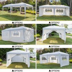 four different views of a white gazebo