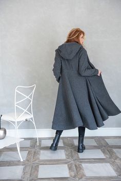 Merino Wool Coat for Women Classic Winter Coat Hooded Coat - Etsy Hooded Wool Sweater Coat For Cold Weather, Wool Hooded Sweater Coat For Winter, Hooded Wool Sweater Coat For Winter, Hooded Wool Coat For Fall, Wool Hooded Jacket With Long Sleeves For Cold Weather, Wool Hooded Jacket For Cold Weather In Fall, Grey Wool Coat, Grey Jacket Women, Hooded Wool Coat