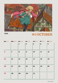 a calendar with anime characters on it and the date for each month in which they are