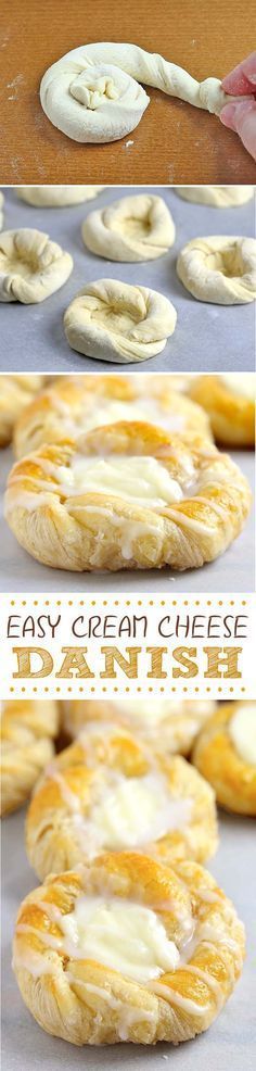 an easy cream cheese danish is shown in this collage