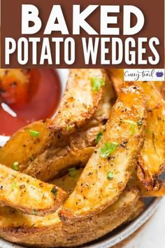 crispy baked potato wedges on a plate with ketchup