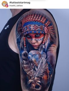 a man with tattoos on his arm and headdress, holding a bird in his hand