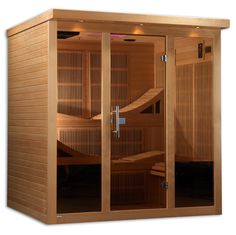 a sauna is shown with the doors open