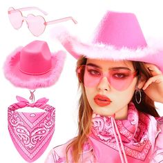 PRICES MAY VARY. Package Includes: 1 pcs pink western cowgirl hats, 1 pcs pink sunglasses, 1 pcs pink bandana. Our cowgirl hats women has an inside size of 8x7 inches, and it has an adjustable cord to fit different head shapes. Our cowgirl hat paired with veil will make your cowgirl even more gorgeous! the cowboy hats for women is made of high quality felt material, the thick feathers wrapped around the hat are carefully selected by us. This cowboy hat can be used as bachelorette party, country Fun Summer Hats For Costume Party, Pink Adjustable Costume Accessories For Costume Party, Fun Pink Hats For Country Events, Pink Wide Brim Costume Hat For Festival, Summer Novelty Costume Accessories For Costume Party, Fun Mini Hats For Summer Rodeo, Fun Pink Costume Hats And Headpieces For Summer, Pink Fun Costume Hats For Spring, Fun Pink Adjustable Costume Accessories