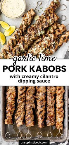 grilled pork kabobs with creamy cilantro dipping sauce on the side