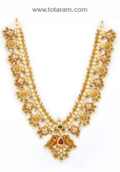 22 Karat Gold "Lakshmi" Long Necklace with Cz , Color Stones,Pearls & Japanese Pearl (Temple Jewellery)
  Length of the Necklace with Pendant : 18.00 inches - 235-GN3281 - in 115.050 Grams for USD $8727.39. 
Made in India by Totaram Jewelers Online this product is in Gold - 22 Karat BIS Hallmark 916 KDM Gold  & is an excellent gift for Adult - Women. Ships fully insured with secured guaranteed delivery for free with your order over $250 from New Jersey USA & comes with 30 days exchan Luxury Gold Temple Necklace For Statement Jewelry, Luxury 22k Gold Temple Necklace For Festive Occasions, Luxury Gold Cutdana Temple Necklace, Luxury Temple Necklace With Tilla For Rituals, Luxury Gold-plated Temple Necklace, Luxury Heavy Gold Temple Necklace, Luxury 22k Gold Temple Necklace With Stone Work, Luxury Tilla Pendant Temple Necklace, Luxury Gold Temple Necklace With Stone Work