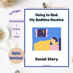 a bedtime routine is displayed on a white table with other items around it and the text going to bed my bedtime routine social story