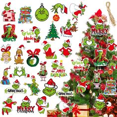 the grinch christmas tree is decorated with many stickers on it's side