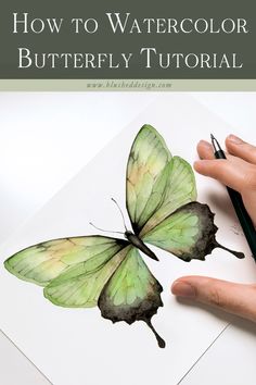 a person's hand holding a pencil and drawing a green butterfly with the words how to watercolor butterflies on it