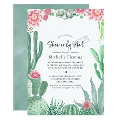 a wedding card with cactus and succulents on the front, in mint green