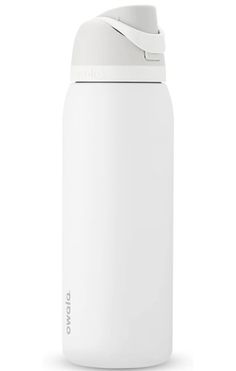 thermos bottle is white and has a strap around it's neck