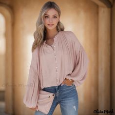 Olivia Mark - Elegant Long-Sleeve Blouse in Solid Colors with Soft V-Neck and Wide Armholes Sleeve Stencil, Chic Blouses, Brown Outfit, Long Scarf, Lantern Sleeve, Blouse Patterns, Lantern Sleeves, Olivia Mark, Types Of Collars