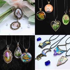 four different necklaces with pictures on them and flowers in the middle one has a glass pendant