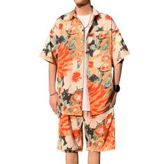 Hearujoy Summer Men's Hawaiian Beach Sets Single Breasted Graffiti Printed Short Sleeve Shirt and Shorts Casual Vacation Travel Outfit Hawaii Outfits Men, Leo Moodboard, Vacation Travel Outfit, Print Pant, All Black Shoes, Korean Fashion Casual, Hawaiian Beach, Shirt And Shorts, Retro Shorts