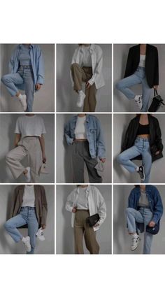 nine pictures of different types of women's jeans and jackets, all in various colors