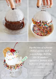 three different pictures showing how to make an ice cream sundae with sprinkles