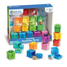 the learning resources company counting surprise party set is packed with colorful blocks and cubes