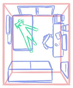 a blue and pink drawing of a person jumping on a bed in front of a mirror