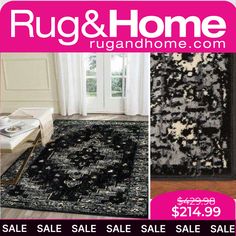 rugs and home sale flyer with black and white designs on the floor, along with an area rug for sale