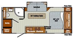 the floor plan for an rv with two beds and a bathroom in one room, including a