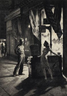 a man standing next to a woman in front of a store