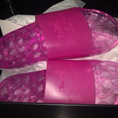 Pink Coach Jellies Size 10 (Authentic) Chic Pink Slip-on Slides, Chic Pink Round Toe Slides, Chic Pink Flat Slides, Chic Pink Synthetic Slides, Coach Pink Sandals For Beach, Coach Slide Sandals For Spring, Pink Open Toe Sandals With Translucent Outsole, Coach Pink Slip-on Sandals, Coach Pink Open Toe Sandals