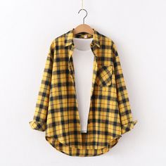 FREE SHIPPING Vintage Plaid Shirt Long Sleeve OUT0789 Oversized Plaid Shirts, Plaid Shirt Women, Red Plaid Shirt, Plaid Shirts, Loose Shirts, Plaid Fashion, Yellow And Black, College Fashion, Plus Size Blouses