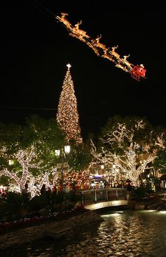 a lighted christmas tree in the middle of a river with lights all around it and santa's sleigh flying overhead