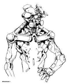 a black and white drawing of a robot with its arms spread out to the side