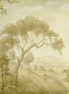 an old painting with trees and hills in the background