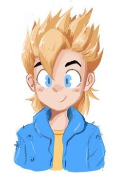 a drawing of a boy with blonde hair and blue eyes, wearing a blue jacket