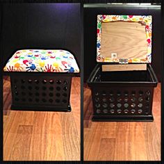 two pictures of an open box on the floor and one with a colorful fabric cover