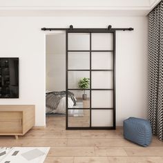 a bedroom with sliding glass doors leading to a bed