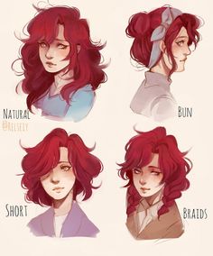 four different types of red hair with the words short, short and long on them