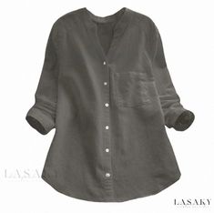 Lasaky - Cotton Linen Buttoned Mandarin Collar Long Sleeve Shirt Loose Fit Blouse, Womens Tops Dressy, Linen Casual, Autumn Casual, Loose Shirts, Linen Blouse, Loose Blouse, Gray Linen, Tee Outfit