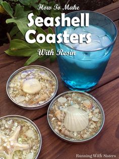 seashell coasters with resina shells and sea glass on a wooden table next to a blue vase